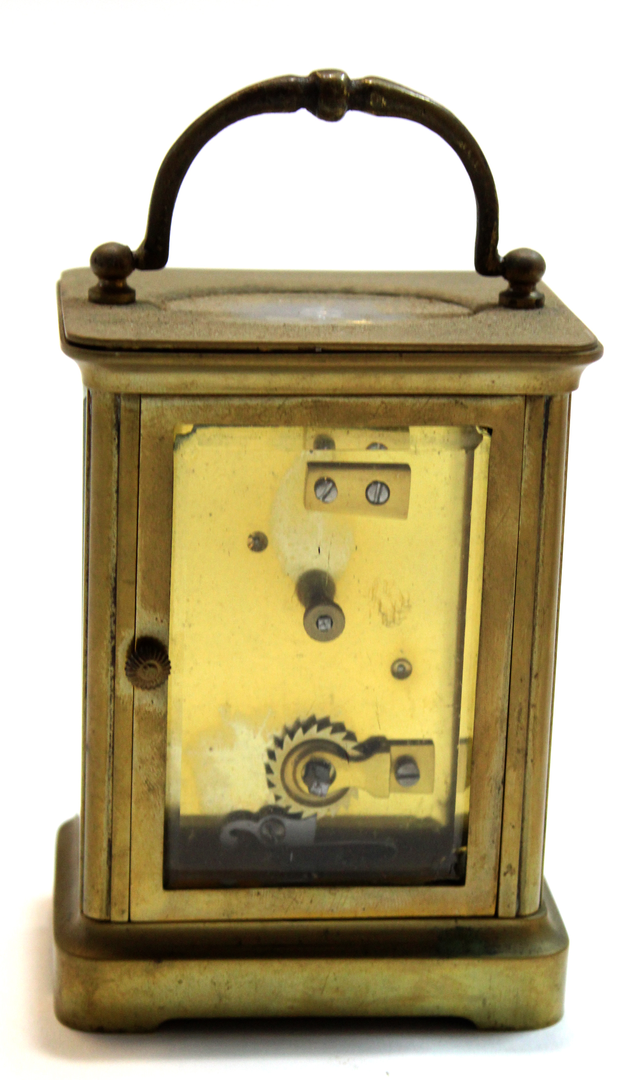 Early 20th century English brass carriage clock, the white enamel dial indistinctly marked with a - Image 4 of 4