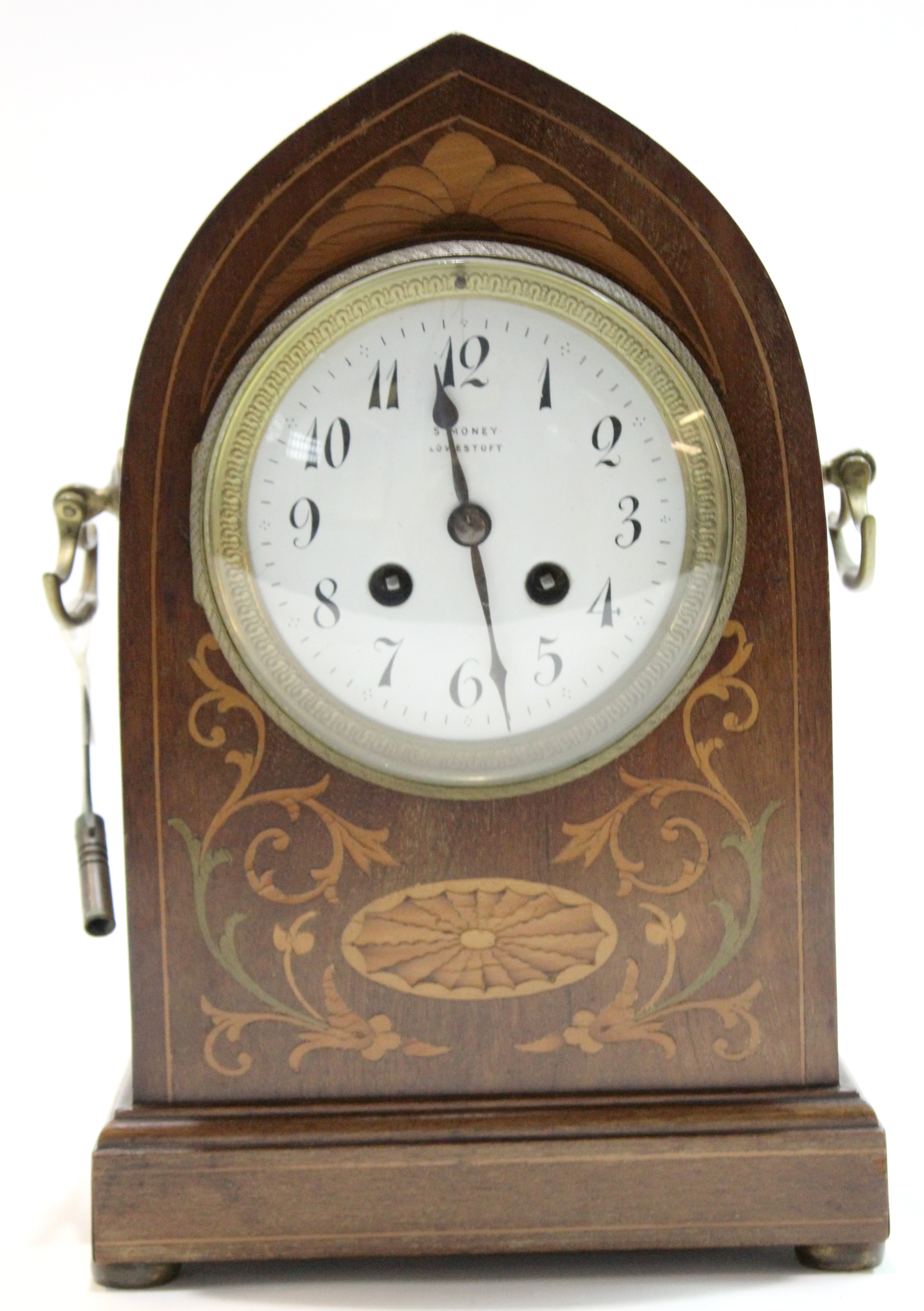 Edwardian bracket clock by S Money of Lowestoft, the clock in lancet style case with brass handles