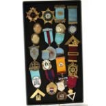 Collection of sixteen Masonic regalia and badges, mainly in gilt metal and enamel, some with
