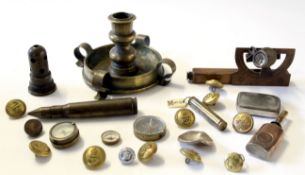 Box various military interest items including uniform buttons, compasses, shell casing, lighter etc