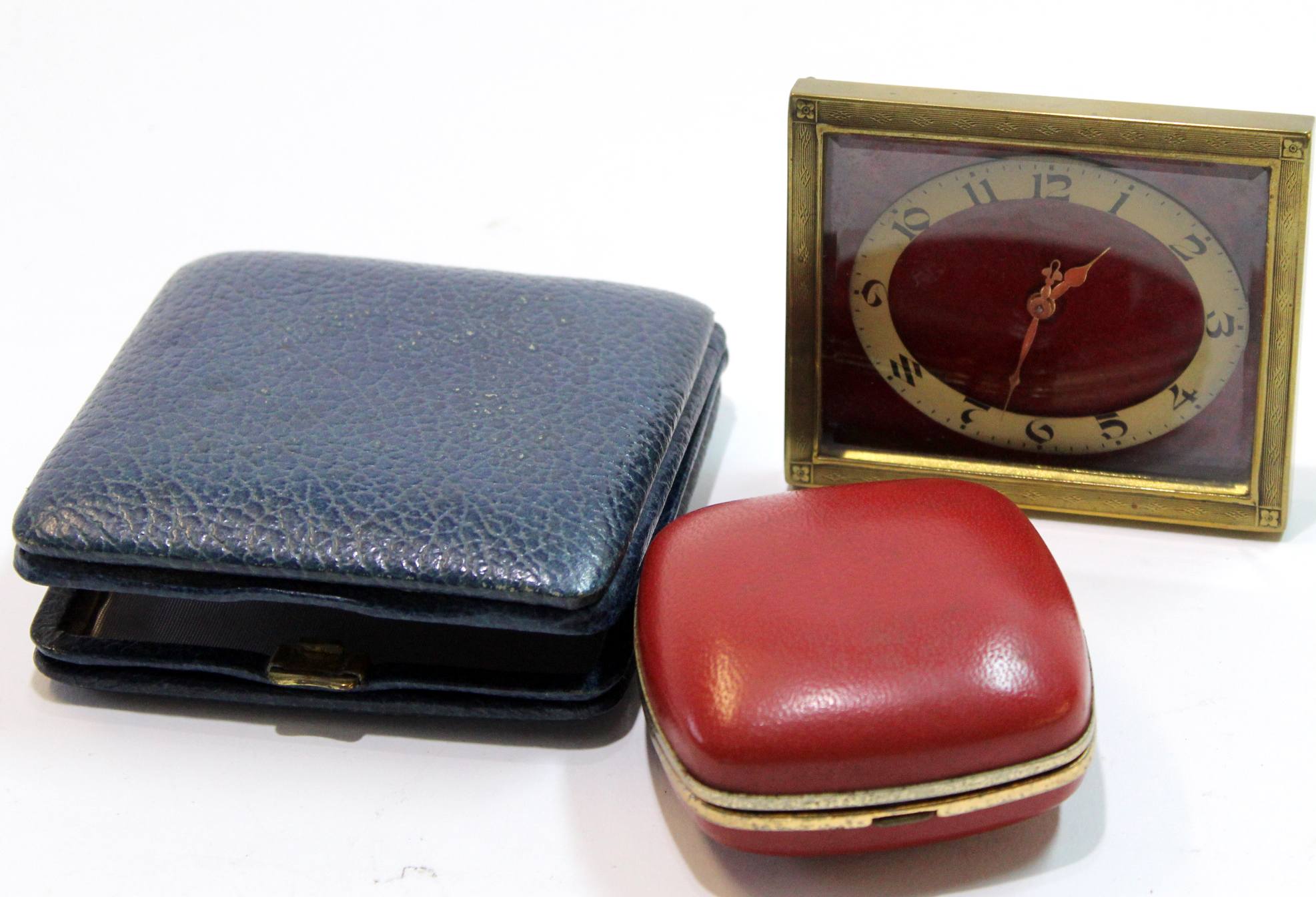 Travelling alarm clock, by Coral, in red leather case - Image 2 of 2