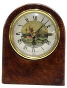 Small table clock with picturesque dial in leather frame with certificate "Made by Roger Lascelles",