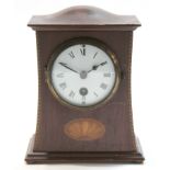 Edwardian mantel clock, the white enamel dial with Roman numerals and shell inlay below, 19cm high