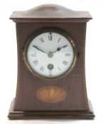 Edwardian mantel clock, the white enamel dial with Roman numerals and shell inlay below, 19cm high