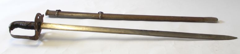 First World War Infantry sword with wire bound handle and metal guard, the blade approx 89cm long in