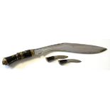 Vintage brass mounted kukri, complete with lion moulded pommel in leather sheath, together with a