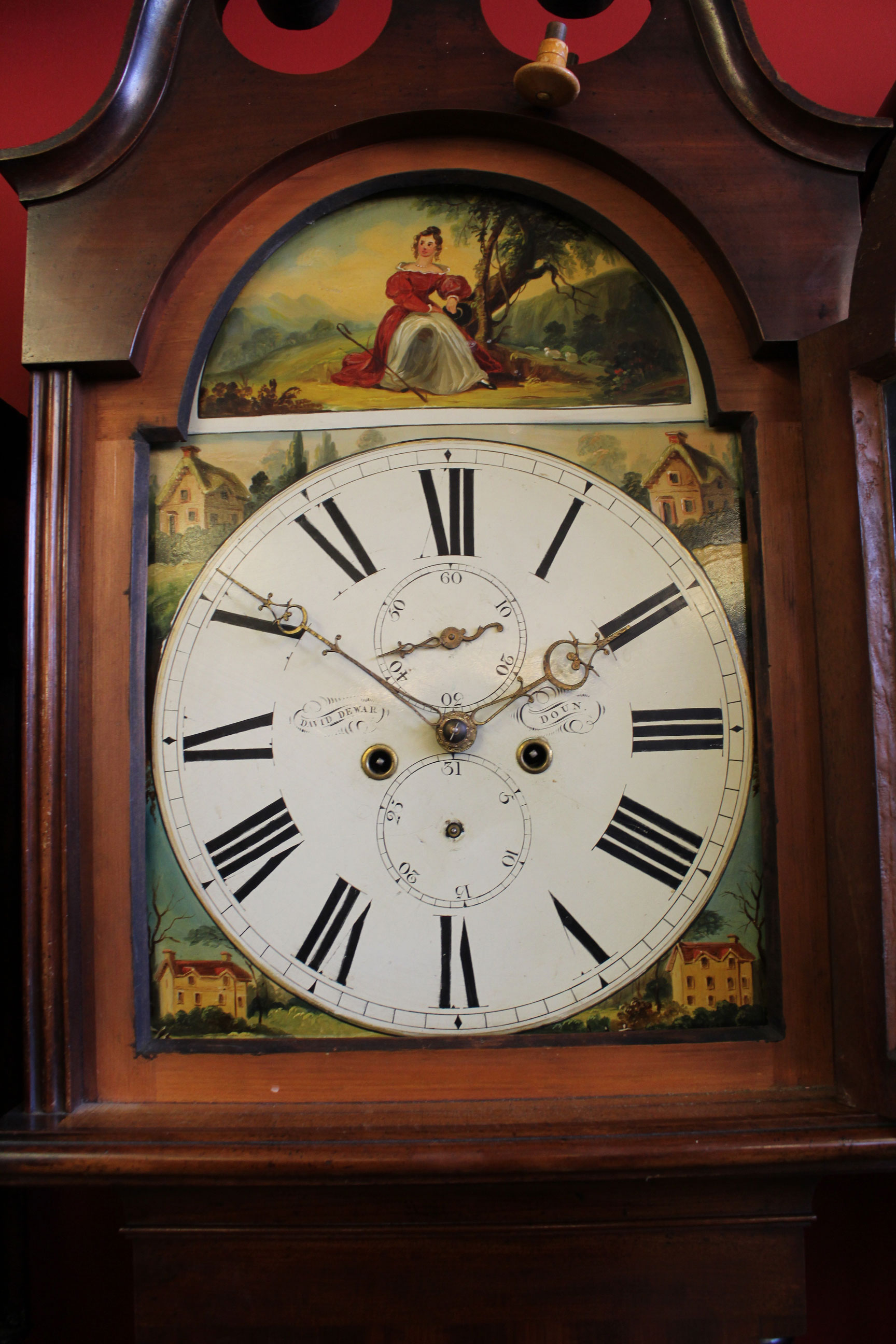 19th century longcase clock with swan neck pediment, arched dial with painted lady, the dial - Image 2 of 2