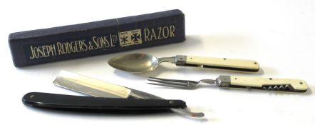 Vintage folding fork and knife set, together with boxed Joseph Rodgers razor