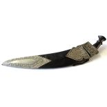 Middle Eastern kukri type knife with wooden handle, the leather scabbard with applied silver