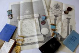 Small box containing Masonic ephemera including membership certificates and copy of by-laws together