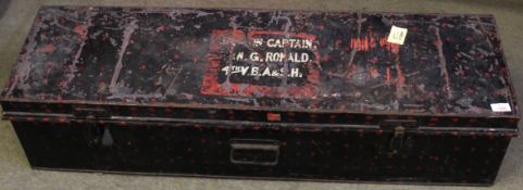 Vintage military interest tin trunk, named to ?? Capt N G Ronald, 4th VBA & SH, approx length 1.2m