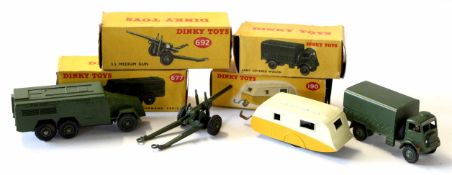 Group of four Dinky military vehicles comprising 5.5 Medium gun Armoured Command vehicle, and Army