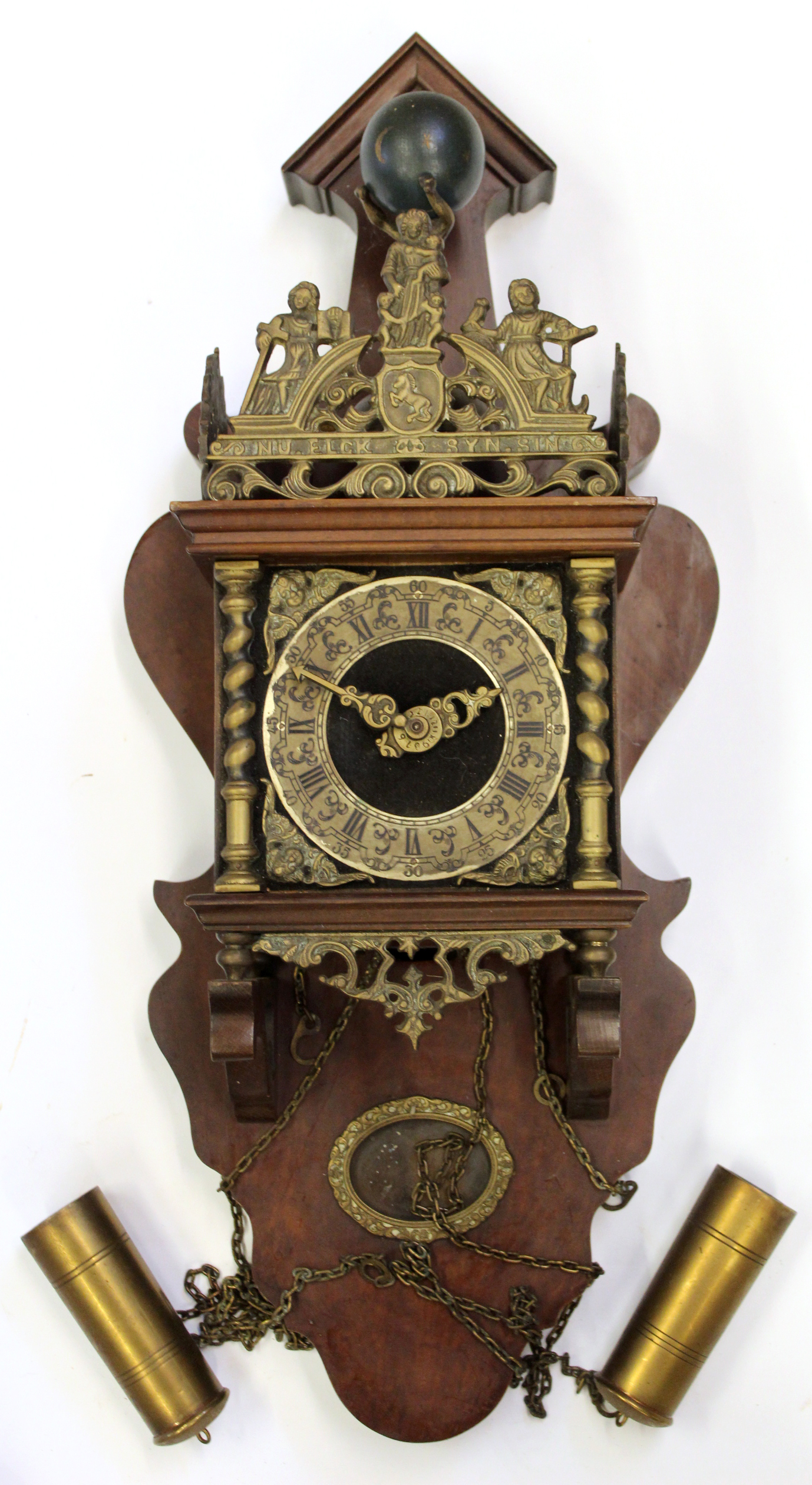 Wall clock with two brass weights, silvered dial with metal figures above