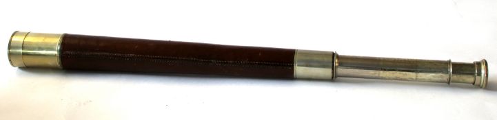 Leather cased three-draw telescope by J Coombes of Devonport, folded length approx 46cm