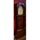 Composite oak cased 8-day longcase clock, the arched hood with brass capped swan neck pediment