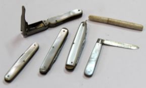 Collection of five small pen knives with Mother of Pearl type handles