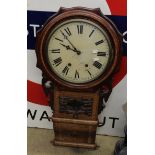 Victorian walnut drop dial wall clock with marquetry inlay to the wooden dial and below