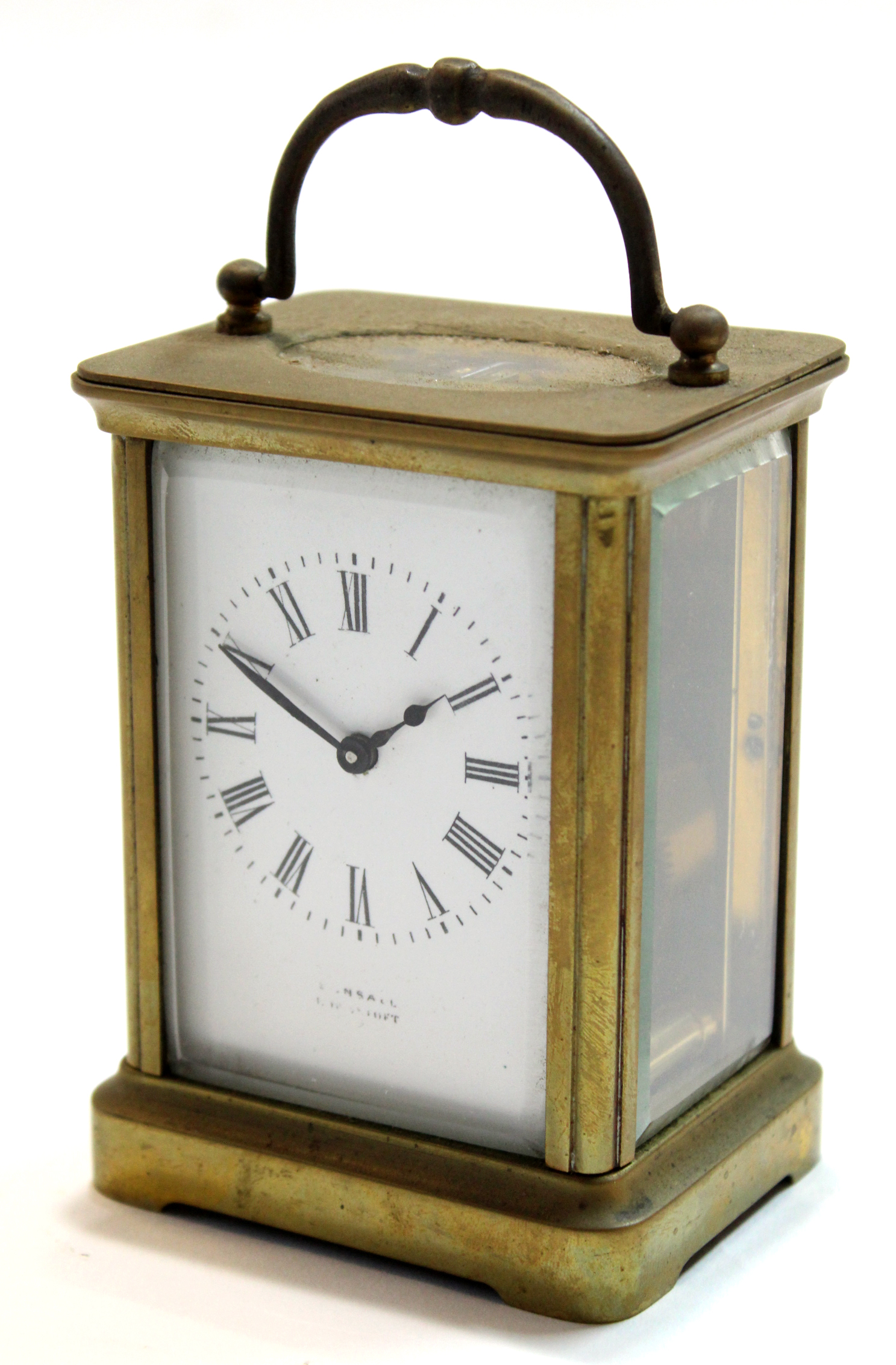 Early 20th century English brass carriage clock, the white enamel dial indistinctly marked with a - Image 3 of 4