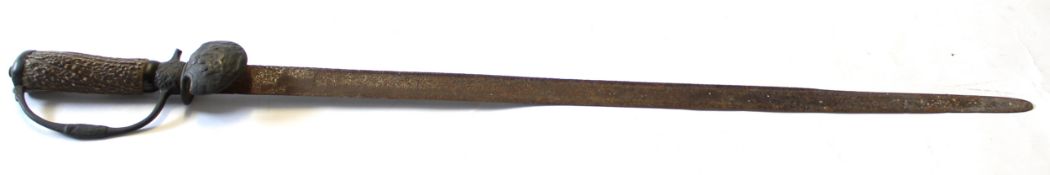 European hunting sword with bone handle and decorated with pastoral scenes, the blade 60cm long