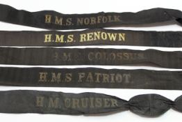 Collection of various Royal Navy cap ribbons including HMS Renown, HMS Norfolk etc