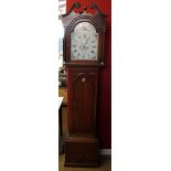 Longcase clock, the oak case with swan neck pediment, arched dial, the arch painted with a
