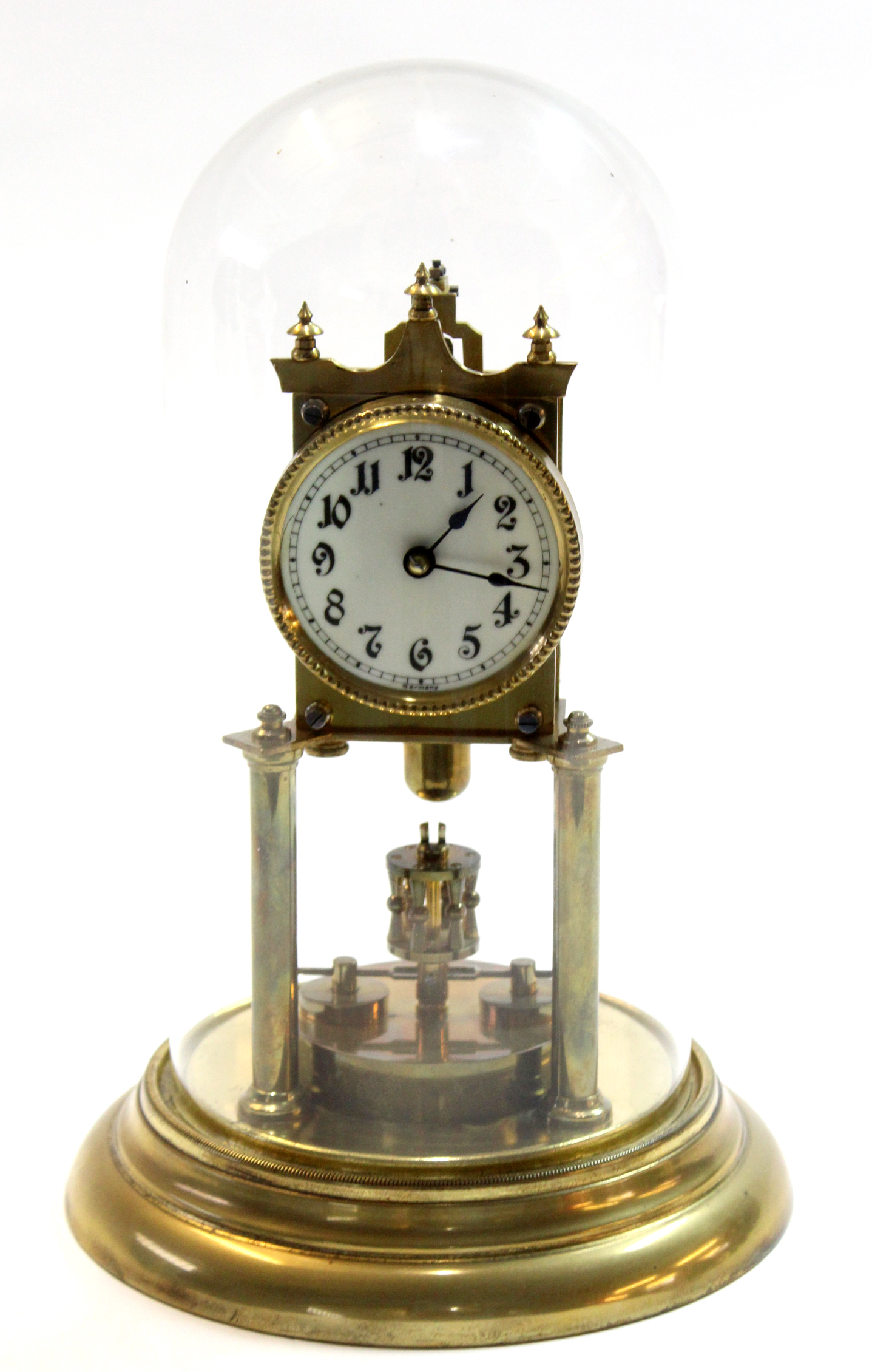 Anniversary clock with white enamel dial under a glass dome