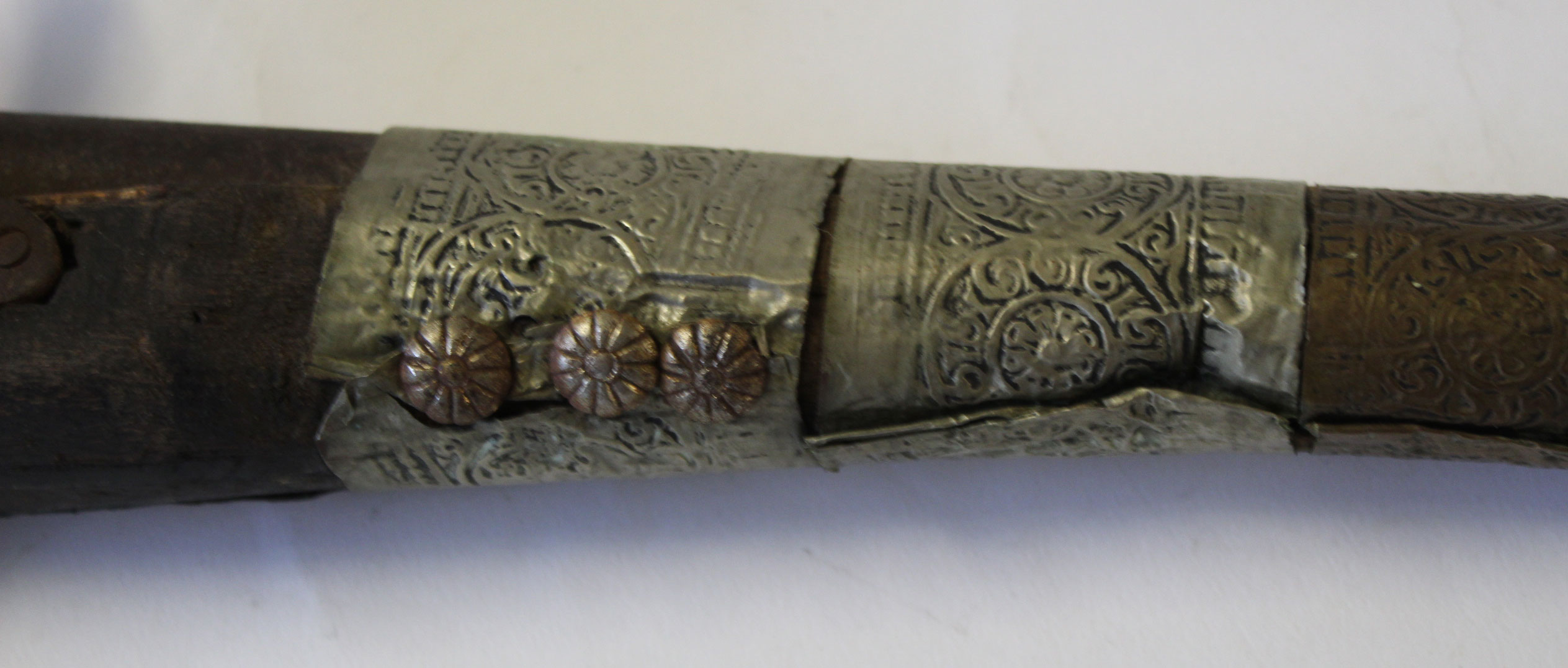 19th century decorative Far Eastern or Indian pistol, the barrel bound with impressed brass, - Image 3 of 4