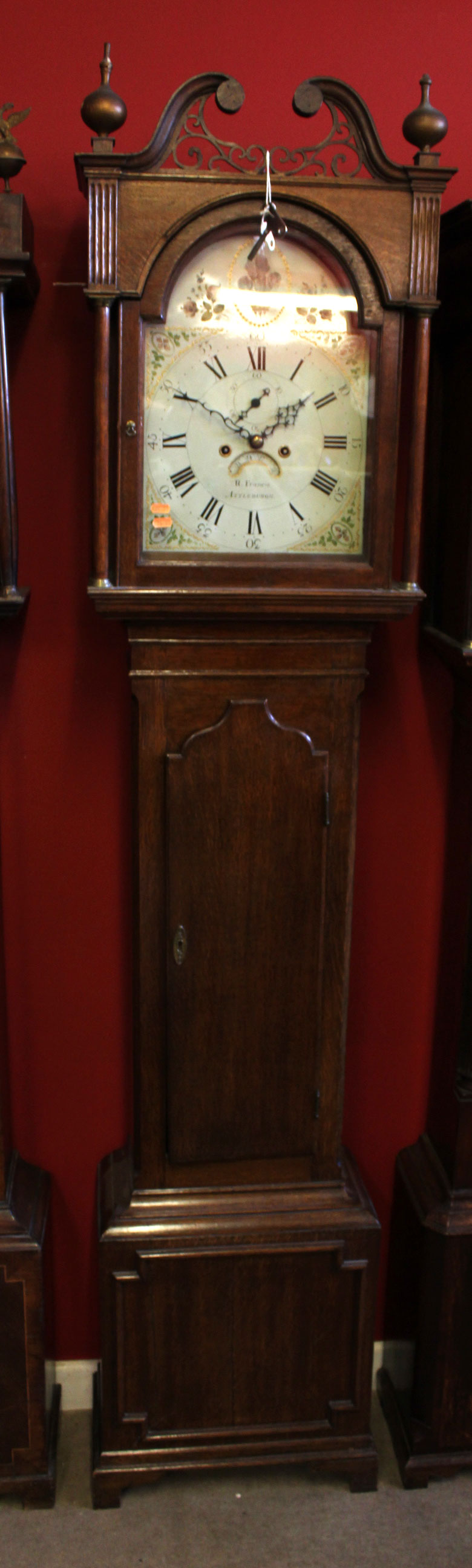 Late Victorian oak cased longcase clock with swan neck pediment and arched dial with Prince of Wales