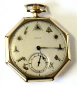 Gold plated Masonic watch manufactured by Elgin with a cabochon jewel, the hours marked out with