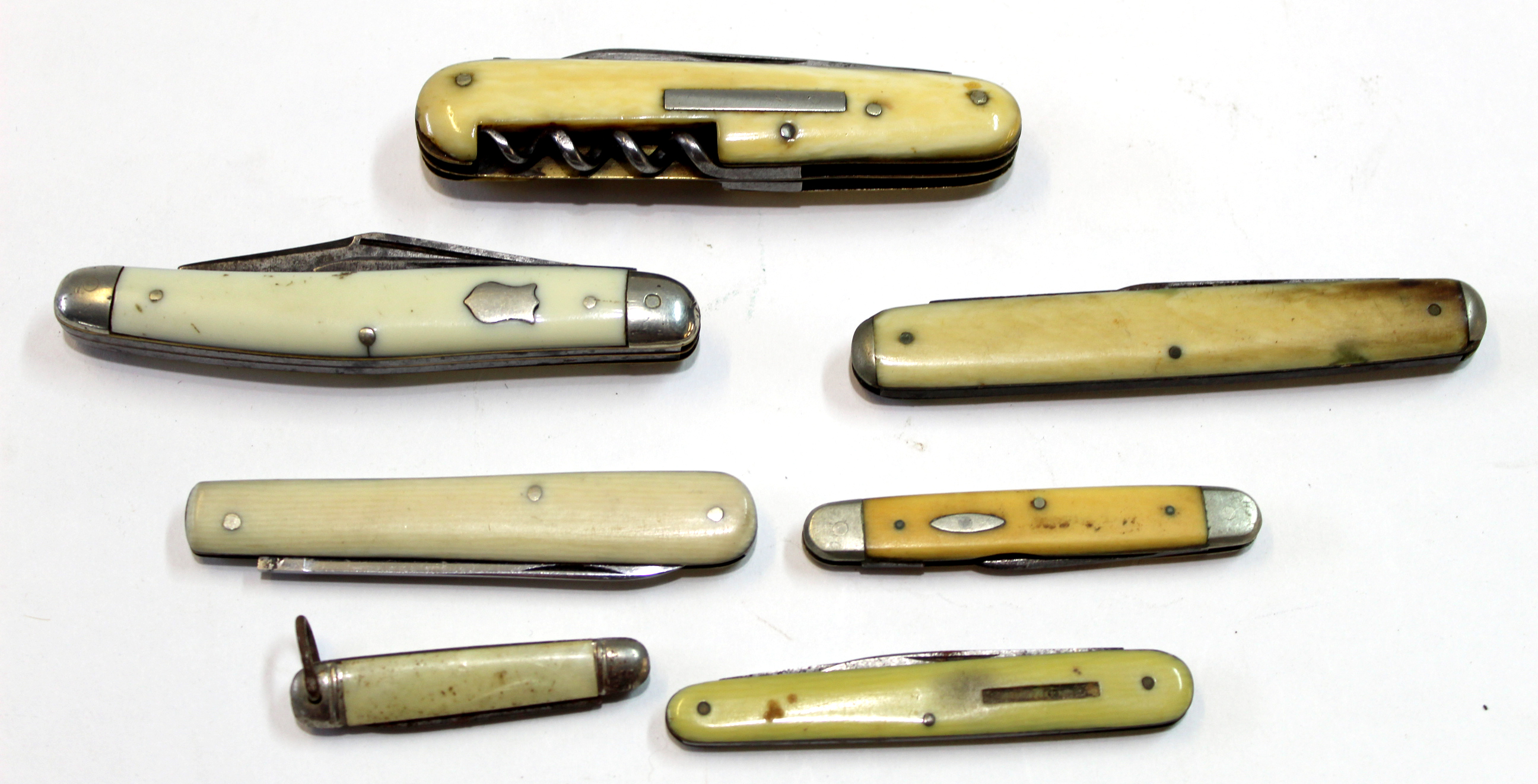 Seven various bone handled pocket knives