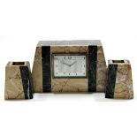 French Art Deco clock garniture in marble and slate comprising clock with square face and two