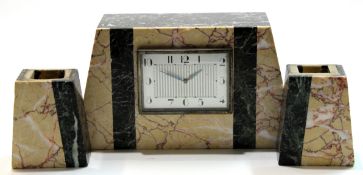 French Art Deco clock garniture in marble and slate comprising clock with square face and two