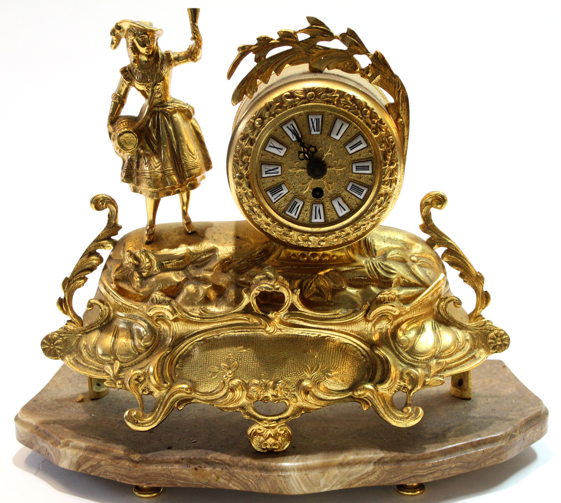 French style 19th century gilt brass clock on rococo base with lady by the side of the clock