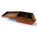 Wooden box containing quantity of Meccano parts