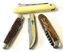 Collection of four European pen knives with bone handles, one with solingen blade