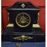 Late 19th century cast brass mounted black marble mantel clock, the plinth shaped case with