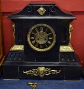 Late 19th century cast brass mounted black marble mantel clock, the plinth shaped case with