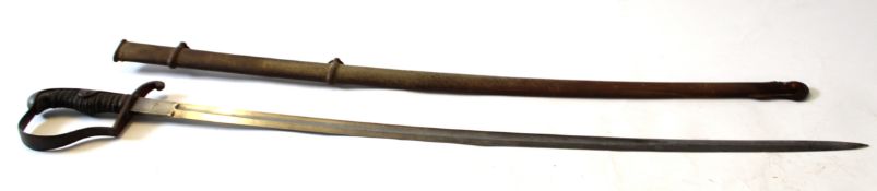 Infantry sword with wire bound fishskin grip, the blade 85cm long in steel scabbard
