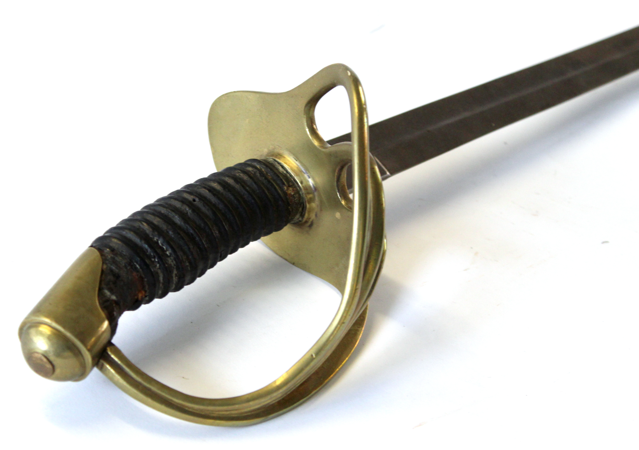 Cavalry Officer's sword with leather ridged handle and brass half basket guard, the blade 82cm long - Image 3 of 6