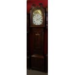 19th century longcase clock with swan neck pediment, arched dial with painted lady, the dial