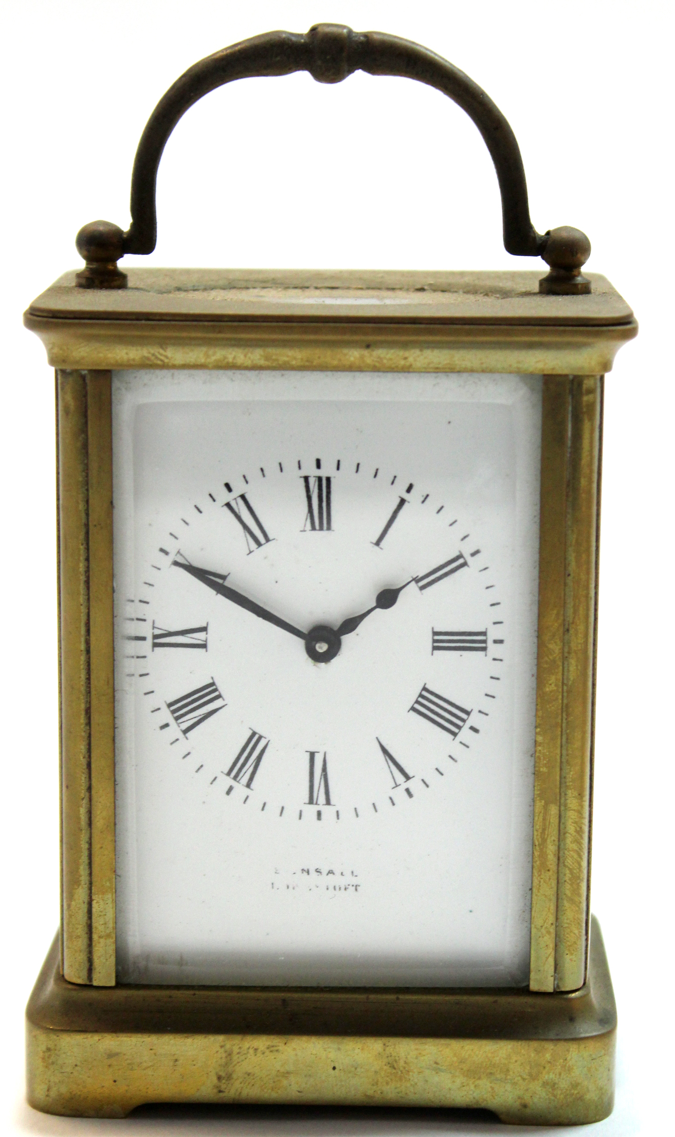 Early 20th century English brass carriage clock, the white enamel dial indistinctly marked with a - Image 2 of 4