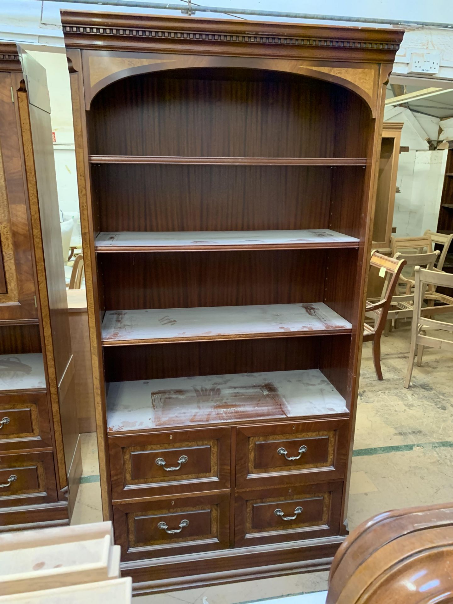 Modular wall filing Units (3-part), comprising central shelved unit flanked by drawer units.