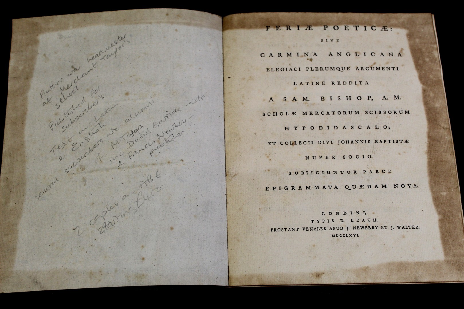 SAMUEL BISHOP: FERIAE POETICAE SIVE CARMINA ANGLICANA ELEGIACI PLERUMQUE ARGUMENTI LATINE