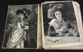 Victorian scrap book album with various pictures of Gainsborough style portraits of ladies and other