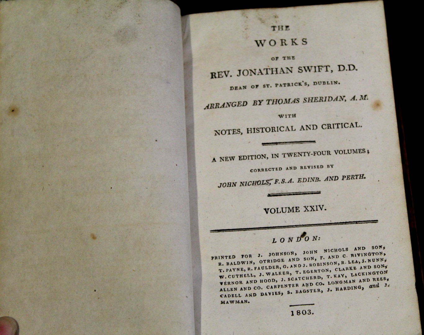 JONATHAN SWIFT: THE WORKS, ed Thomas Sheridan, London printed for J Johnson et al, 1803, 24 vols - Image 3 of 3