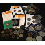 Two small cartons of assorted coins, mainly UK including some pre-1947