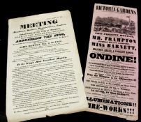 Two early 19th century advertising posters, one for Victorian Gardens, St Stephens Gate, Norwich,