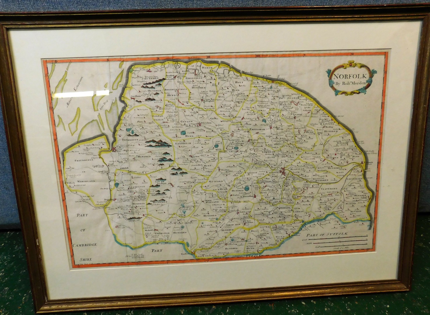 ROBERT MORDEN: NORFOLK, hand coloured engraved map [1695], framed and glazed, approx size 590 x