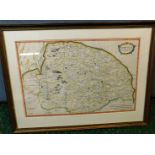ROBERT MORDEN: NORFOLK, hand coloured engraved map [1695], framed and glazed, approx size 590 x