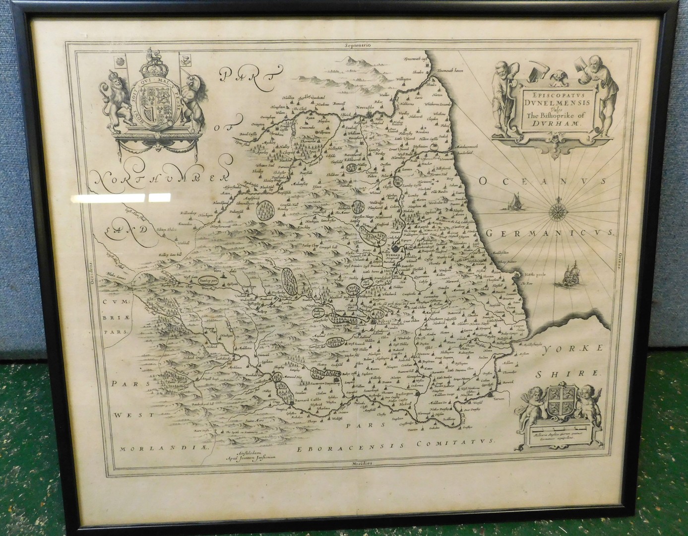 JAN JANSSON: EPISCOPATUS DUNELMENSIS VULGO THE BISHOPRIKE OF DURHAM, engraved map [1659], framed and